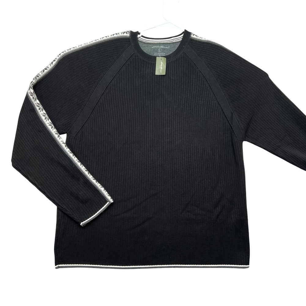 Eddie Bauer Sweater Mens Large Black Ribbed Cotton Tape Sleeve Crewneck - Picture 1 of 6